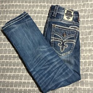 Rock Revival Blue Boot Cut Jeans with White Stitching